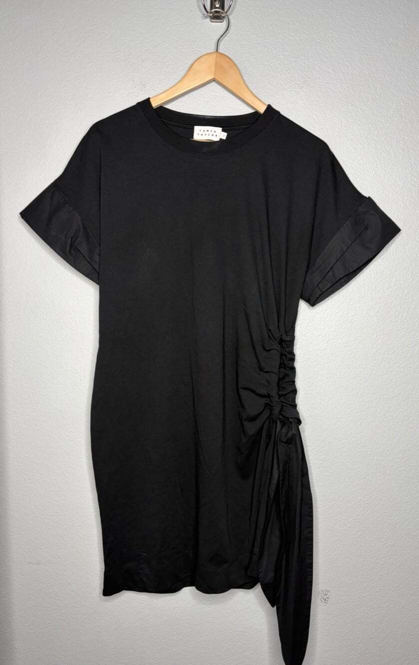 Tanya Taylor Womens Elevated T shirt Dress Black Side Ruched with keyhole SMALL